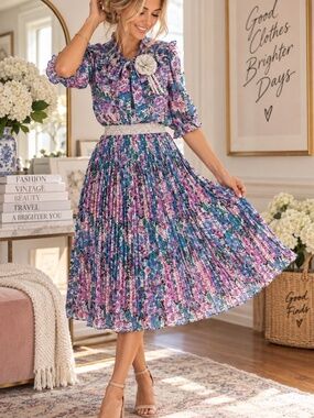 Vintage Diane Freis Floral Pleated Beaded Dress OSFM 80s Boho Cottagecore Chic